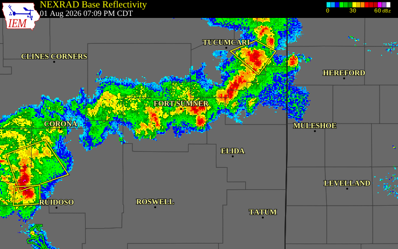 NEXRAD radar during the Saturday, August 1, 2026 storm activity in De Baca County, New Mexico