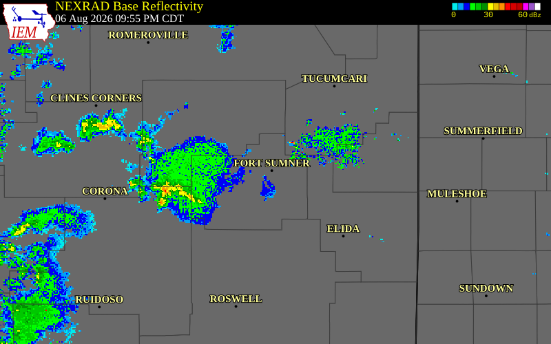 NEXRAD radar during the Thursday, August 6, 2026 storm activity in De Baca County, New Mexico