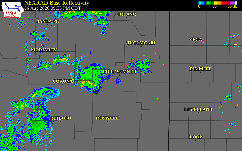 Radar snapshot during the Aug 6, 2026 wind event near 2 ESE Fort Sumner, De Baca County, New Mexico, with NWS warning polygons