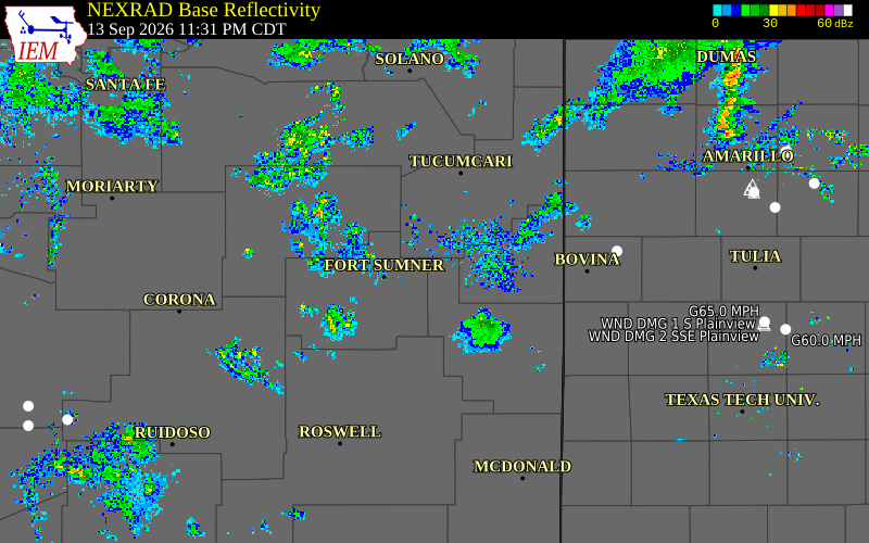 Current NEXRAD radar over De Baca County, New Mexico with recent storm report locations