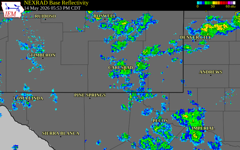 NEXRAD radar during the Thursday, May 14, 2026 storm activity in Eddy County, New Mexico