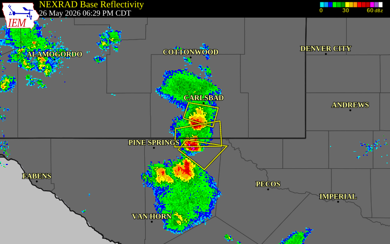 NEXRAD radar during the Tuesday, May 26, 2026 storm activity in Eddy County, New Mexico