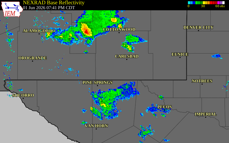 NEXRAD radar during the Monday, June 1, 2026 storm activity in Eddy County, New Mexico