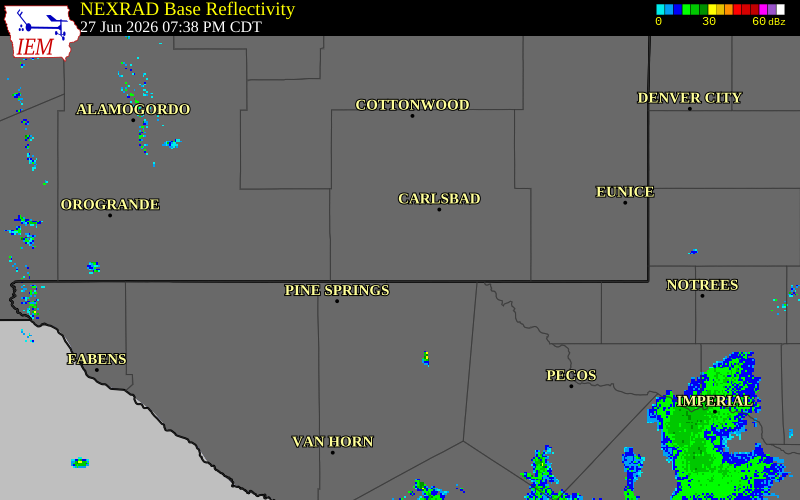 NEXRAD radar during the Saturday, June 27, 2026 storm activity in Eddy County, New Mexico