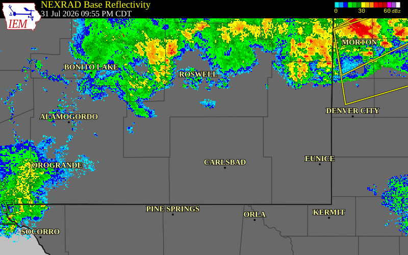 NEXRAD radar during the Friday, July 31, 2026 storm activity in Eddy County, New Mexico