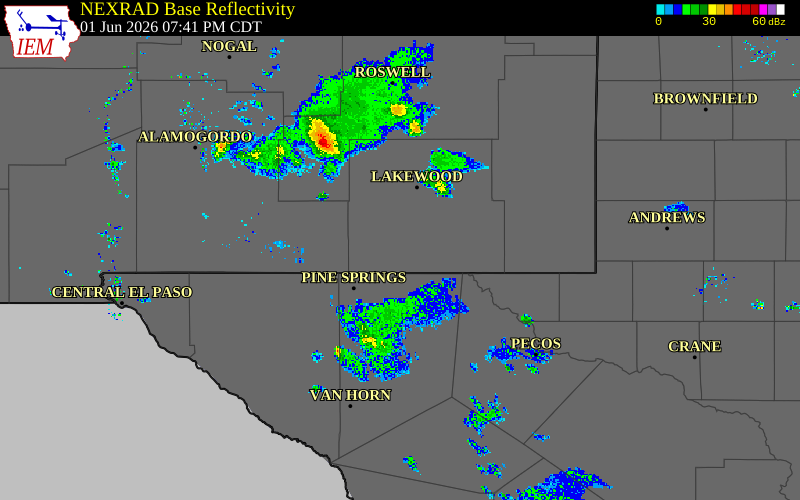 Radar snapshot during the Jun 1, 2026 wind event near 6 W Whites City, Eddy County, New Mexico, with NWS warning polygons
