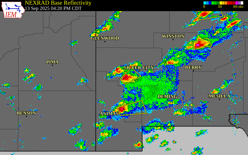 NEXRAD radar during the Saturday, September 13, 2025 storm activity in Grant County, New Mexico