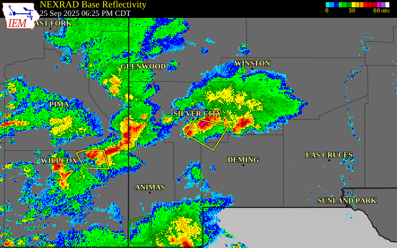 NEXRAD radar during the Thursday, September 25, 2025 storm activity in Grant County, New Mexico