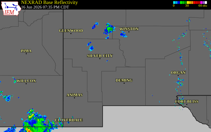 NEXRAD radar during the Tuesday, June 16, 2026 storm activity in Grant County, New Mexico