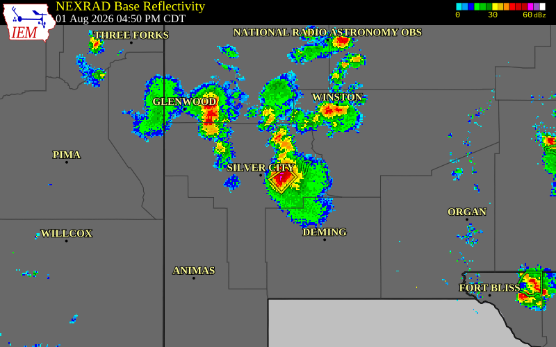 NEXRAD radar during the Saturday, August 1, 2026 storm activity in Grant County, New Mexico