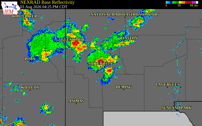 NEXRAD radar during the Monday, August 3, 2026 storm activity in Grant County, New Mexico