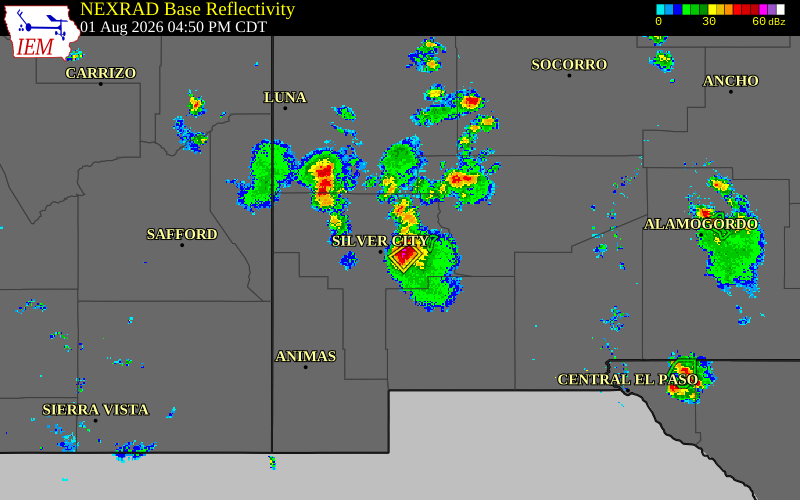 Radar snapshot during the Aug 1, 2026 hail event near 1 E Fort Bayard, Grant County, New Mexico, with NWS warning polygons