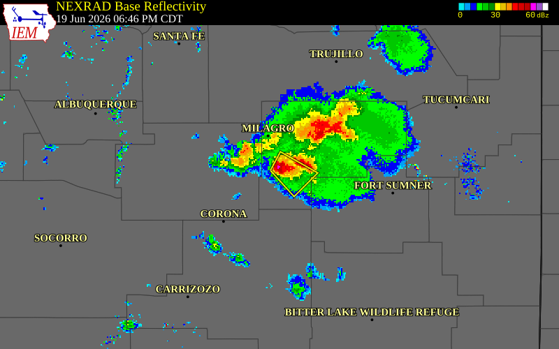 NEXRAD radar during the Friday, June 19, 2026 storm activity in Guadalupe County, New Mexico