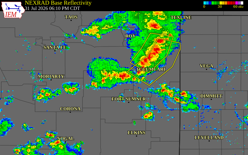 Radar snapshot during the Jul 31, 2026 wind event near 4 ENE Cuervo, Guadalupe County, New Mexico, with NWS warning polygons