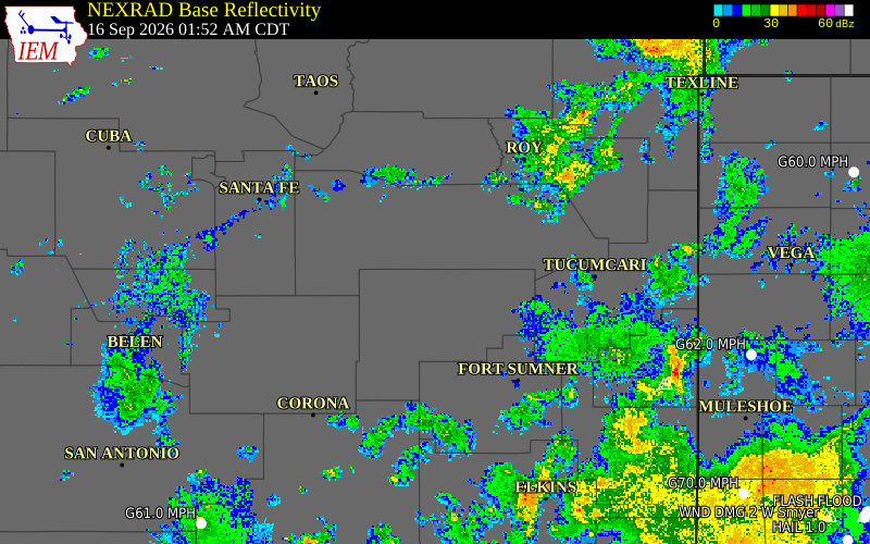 Current NEXRAD radar over Guadalupe County, New Mexico with recent storm report locations