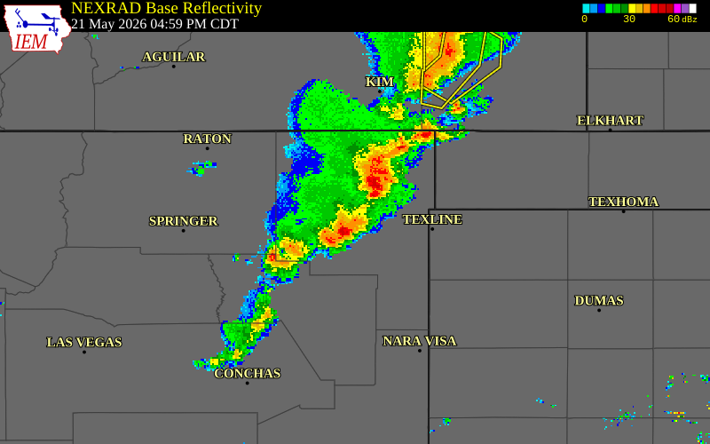NEXRAD radar during the Thursday, May 21, 2026 storm activity in Harding County, New Mexico
