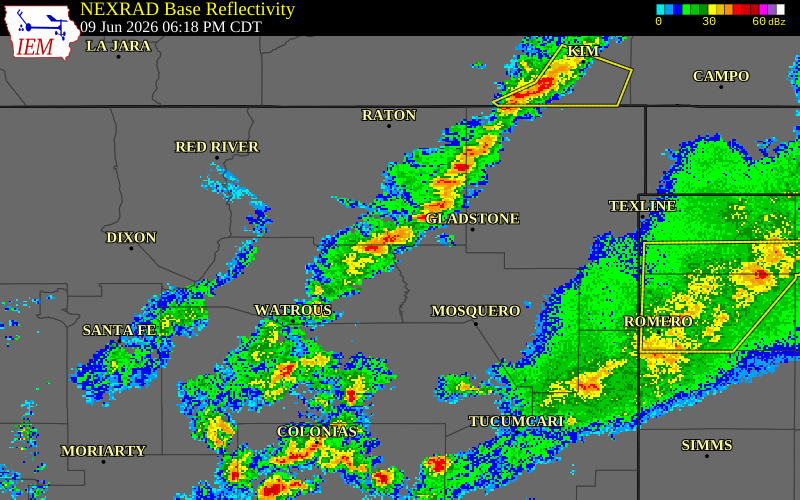 NEXRAD radar during the Tuesday, June 9, 2026 storm activity in Harding County, New Mexico