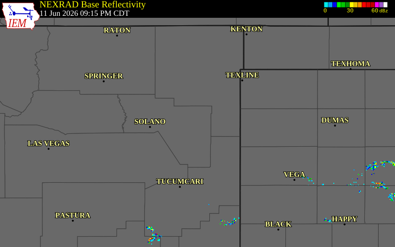 NEXRAD radar during the Thursday, June 11, 2026 storm activity in Harding County, New Mexico