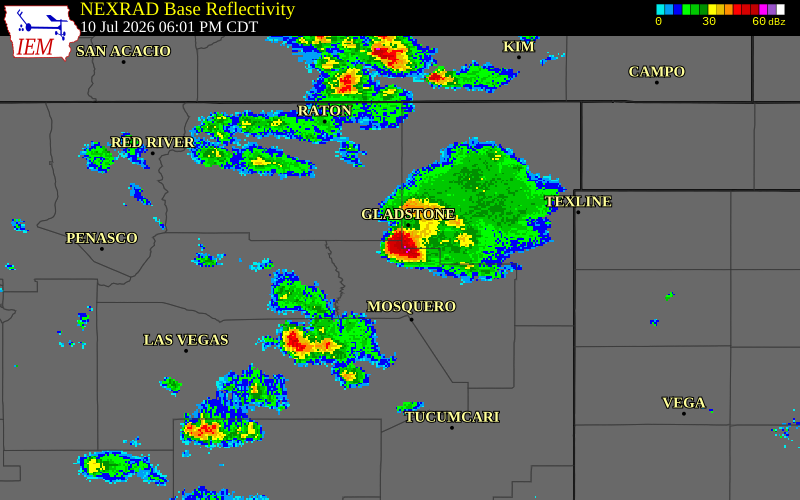 NEXRAD radar during the Friday, July 10, 2026 storm activity in Harding County, New Mexico