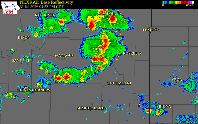 NEXRAD radar during the Friday, July 31, 2026 storm activity in Harding County, New Mexico
