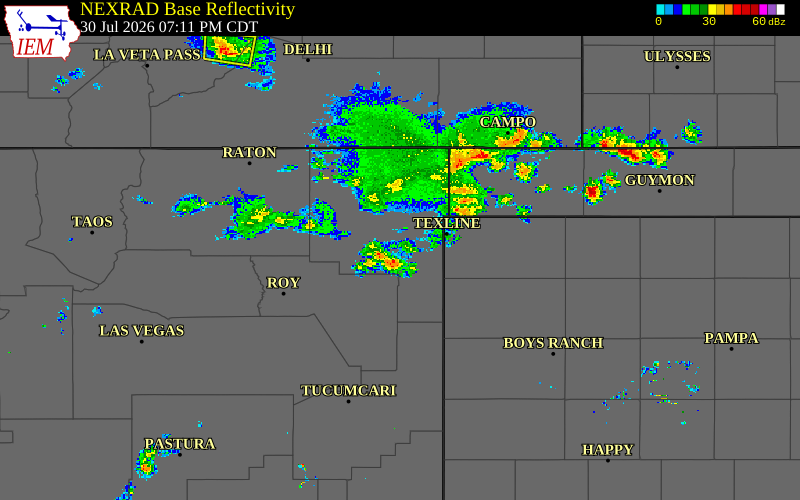 Radar snapshot during the Jul 30, 2026 wind event near Harding County, Harding County, New Mexico, with NWS warning polygons