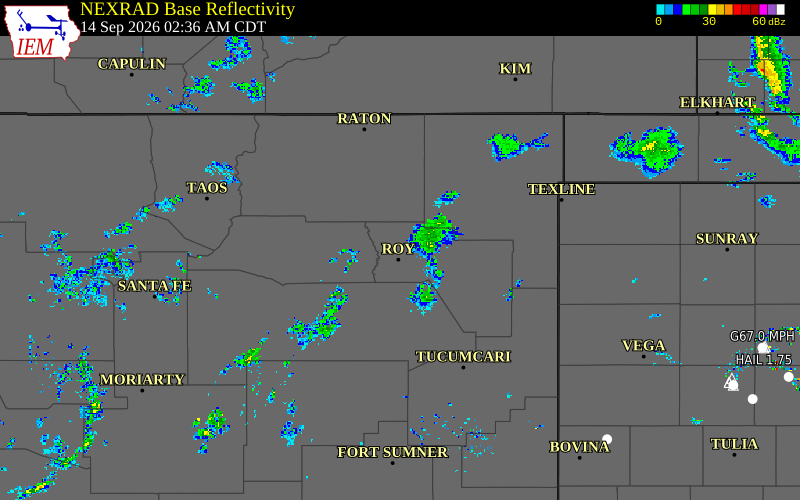 Current NEXRAD radar over Harding County, New Mexico with recent storm report locations