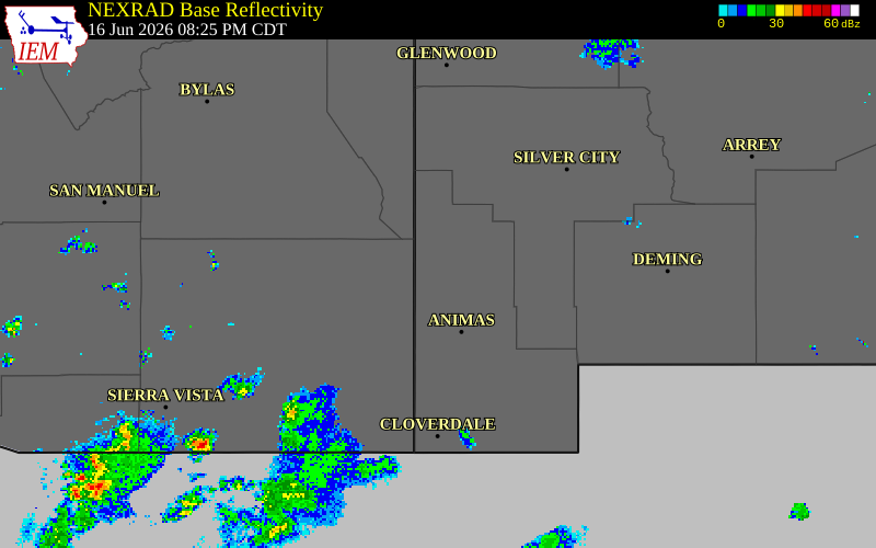 NEXRAD radar during the Tuesday, June 16, 2026 storm activity in Hidalgo County, New Mexico