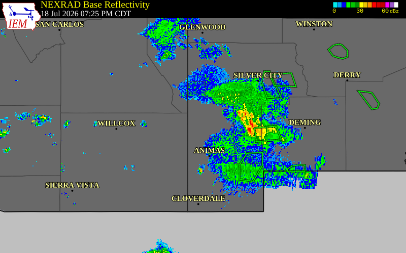NEXRAD radar during the Saturday, July 18, 2026 storm activity in Hidalgo County, New Mexico