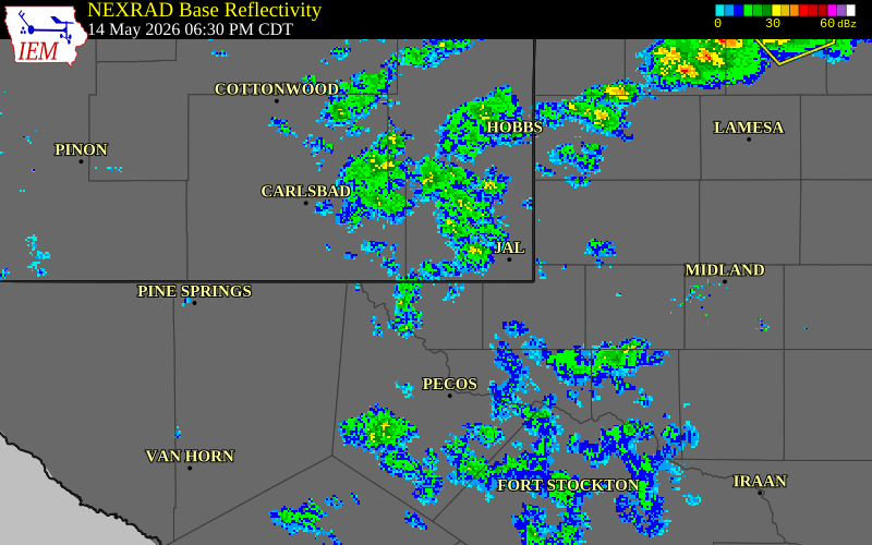 NEXRAD radar during the Thursday, May 14, 2026 storm activity in Lea County, New Mexico