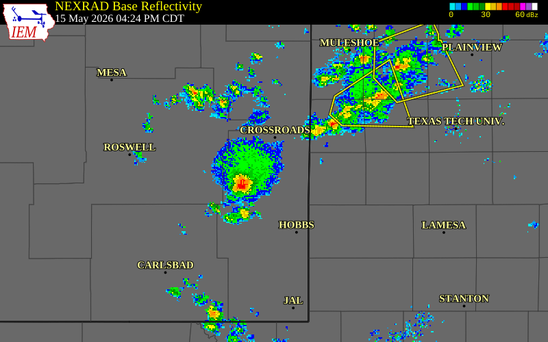 NEXRAD radar during the Friday, May 15, 2026 storm activity in Lea County, New Mexico