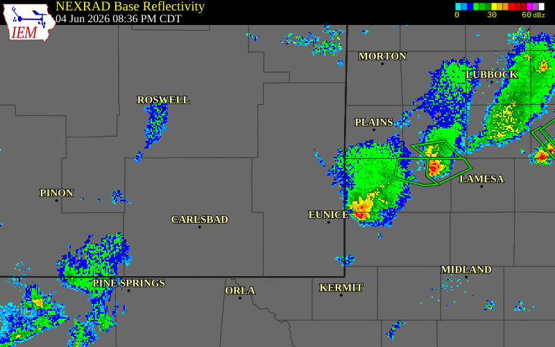 NEXRAD radar during the Thursday, June 4, 2026 storm activity in Lea County, New Mexico