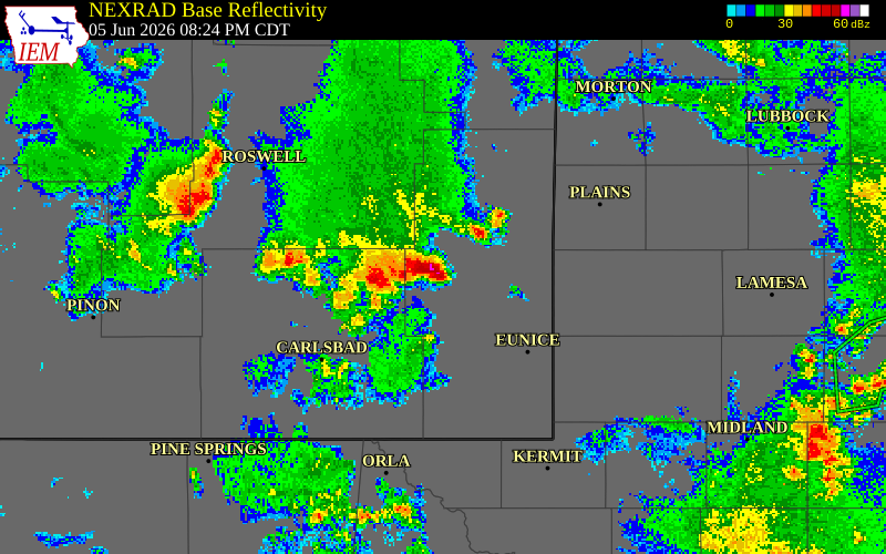 NEXRAD radar during the Friday, June 5, 2026 storm activity in Lea County, New Mexico