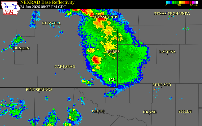 NEXRAD radar during the Wednesday, June 24, 2026 storm activity in Lea County, New Mexico