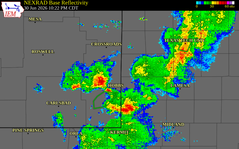 NEXRAD radar during the Tuesday, June 30, 2026 storm activity in Lea County, New Mexico
