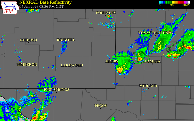 Radar snapshot during the Jun 4, 2026 tornado event near 7 WNW Buckeye, Lea County, New Mexico, with NWS warning polygons