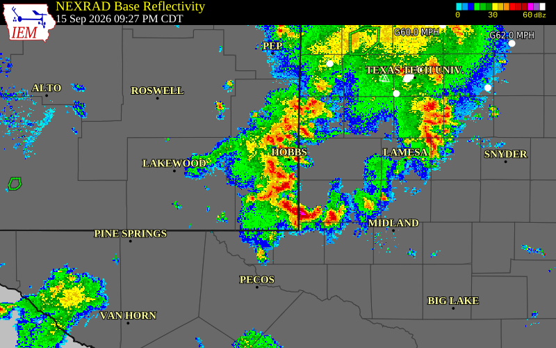 Current NEXRAD radar over Lea County, New Mexico with recent storm report locations