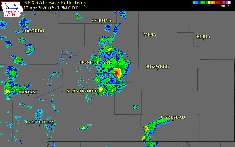 NEXRAD radar during the Friday, April 10, 2026 storm activity in Lincoln County, New Mexico