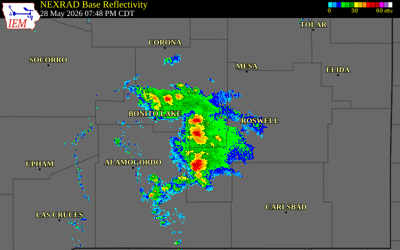 NEXRAD radar during the Thursday, May 28, 2026 storm activity in Lincoln County, New Mexico