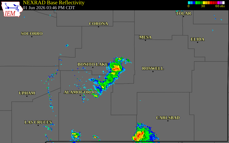 NEXRAD radar during the Monday, June 1, 2026 storm activity in Lincoln County, New Mexico