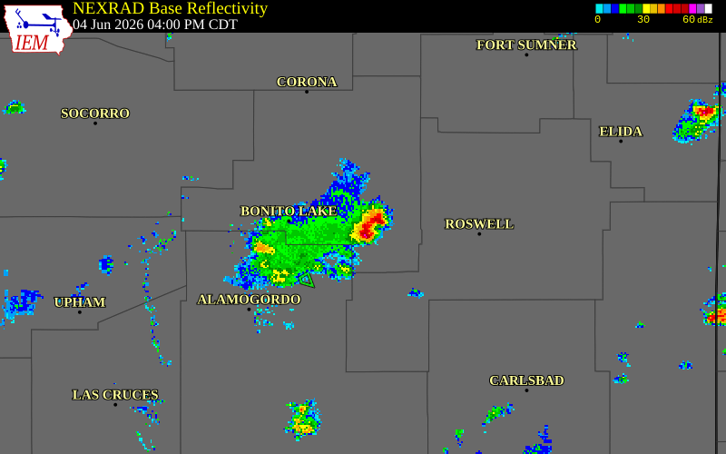 NEXRAD radar during the Thursday, June 4, 2026 storm activity in Lincoln County, New Mexico