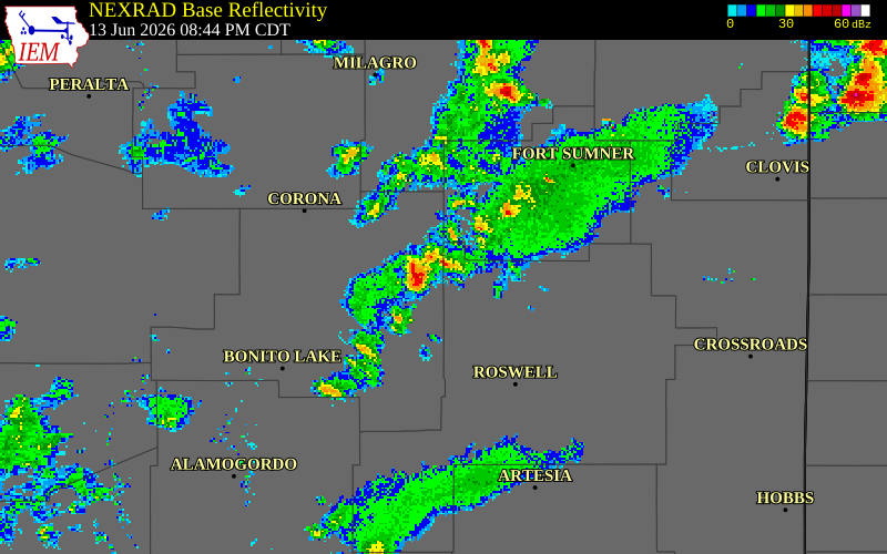 NEXRAD radar during the Saturday, June 13, 2026 storm activity in Lincoln County, New Mexico