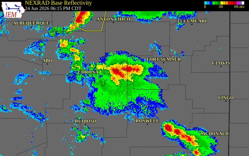 NEXRAD radar during the Wednesday, June 24, 2026 storm activity in Lincoln County, New Mexico