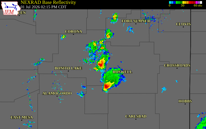 NEXRAD radar during the Wednesday, July 1, 2026 storm activity in Lincoln County, New Mexico