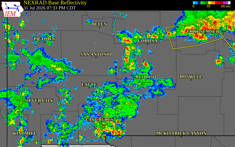 Radar snapshot during the Jul 31, 2026 wind event near 17 WNW Oscuro, Lincoln County, New Mexico, with NWS warning polygons