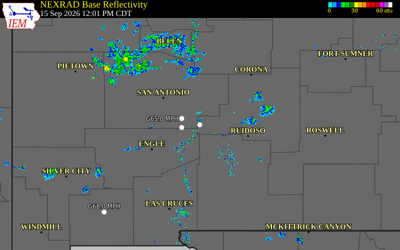 Current NEXRAD radar over Lincoln County, New Mexico with recent storm report locations