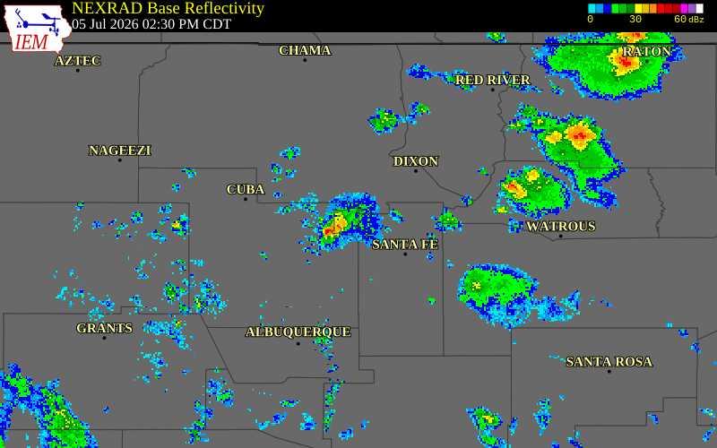 NEXRAD radar during the Sunday, July 5, 2026 storm activity in Los Alamos County, New Mexico