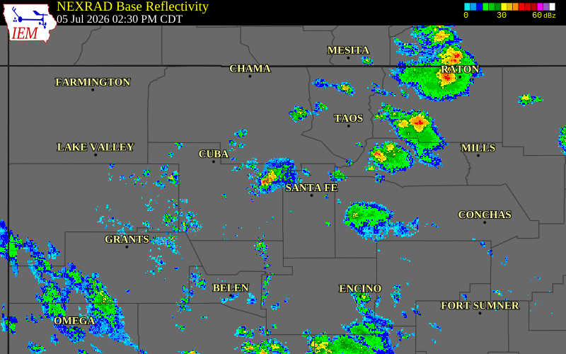 Radar snapshot during the Jul 5, 2026 wind event near 3 ESE Los Alamos, Los Alamos County, New Mexico, with NWS warning polygons