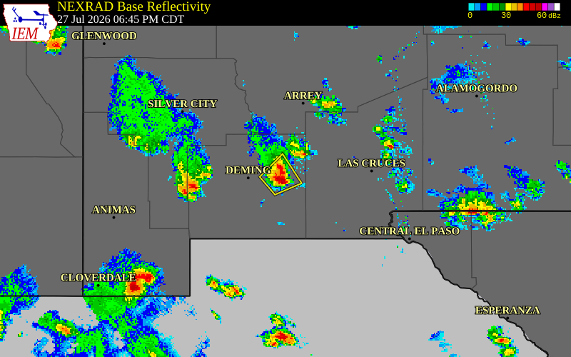 NEXRAD radar during the Monday, July 27, 2026 storm activity in Luna County, New Mexico