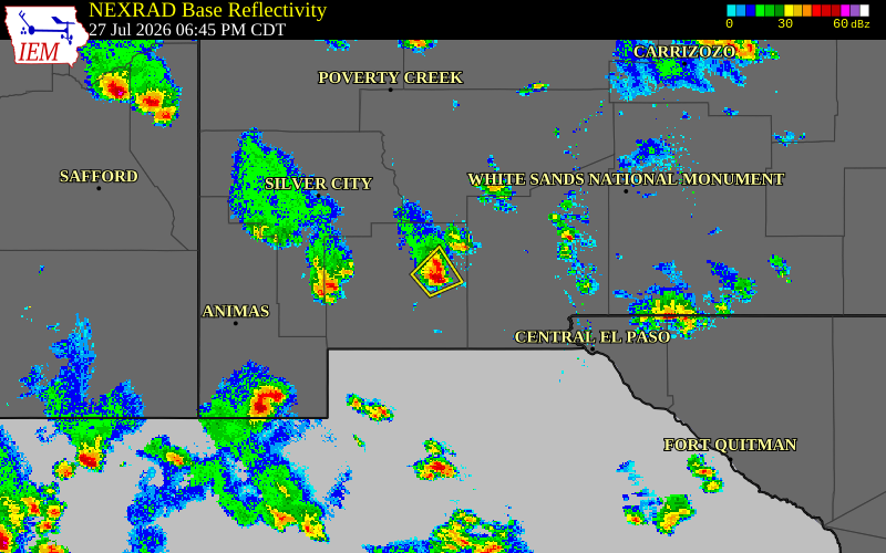 Radar snapshot during the Jul 27, 2026 wind event near 17 E Deming, Luna County, New Mexico, with NWS warning polygons