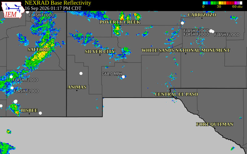 Current NEXRAD radar over Luna County, New Mexico with recent storm report locations